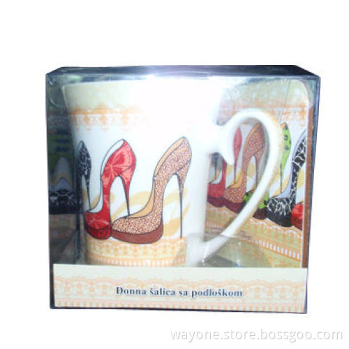 12oz Mug with mat, fashion high-heeled shoes design, 250g papercard, two sides printing, PVC box